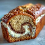 A single slice of Cream Cheese Cinnamon Swirl Banana Bread on a white plate with a cup of coffee nearby. 