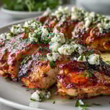 Juicy Greek Chicken with Lemon and Feta topped with crumbled cheese and herbs, served over fluffy rice.