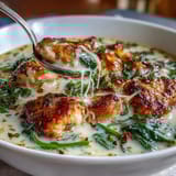 A ladle pours rich Garlic Parmesan Chicken Soup into a bowl with crusty bread on the side for dipping.