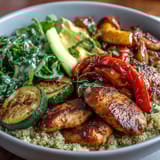 Fluffy quinoa base holds smoky roasted vegetables, crisp greens, and bright lemon salad in this nourishing bowl.