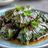 Visually delightful Kurdish Dolma showcasing vibrant, plump stuffed grape leaves ready to serve.