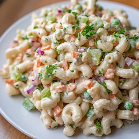 Creamy and colorful macaroni salad, perfect for a picnic, featuring tender pasta and fresh veggies.