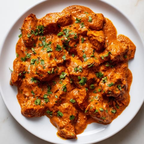 Chicken Tikka Masala in a creamy, red sauce, garnished with cilantro, ready to serve with rice.