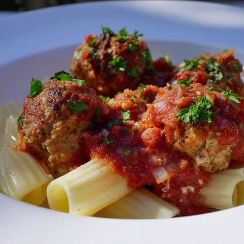 Close-up shot shows oven-baked turkey meatballs simmering in a flavorful tomato sauce.