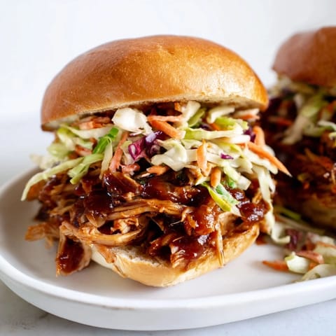A close-up of tender pulled chicken sandwich with vibrant red barbecue sauce and bright, tangy slaw on toasted buns.