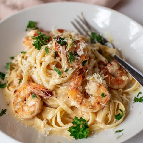 Ladle of Creamy Garlic Shrimp Pasta glistening, garnished with fresh parsley and lemon wedges for a bright, zesty finish.
