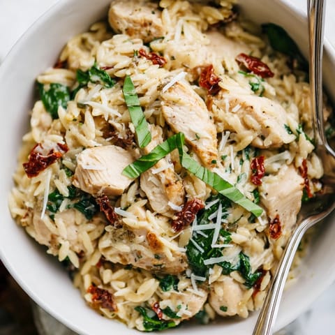 Savory Tuscan Chicken Orzo topped with fresh basil and melted Parmesan, perfect for a cozy family dinner.