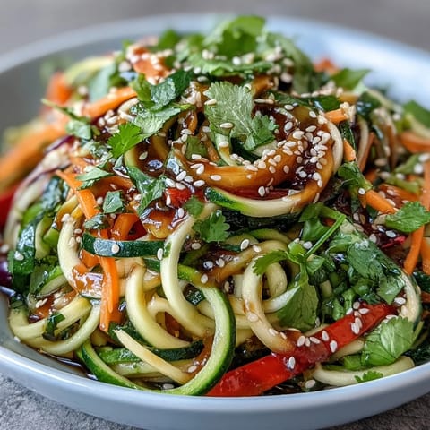 A close-up of vibrant raw vegetable noodle salad in a white bowl, showcasing spiralized zucchini, carrot, and red cabbage glistening with sesame-ginger dressing.  