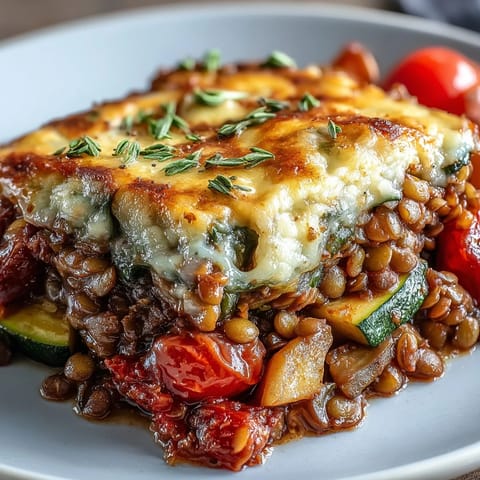 Spoonful of hearty green lentil and vegetable casserole with tender carrots, bell peppers, and melted Parmesan topping.