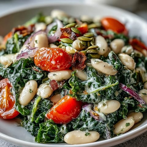 Creamy white beans and massaged kale tossed with cherry tomatoes and a bright lemon-garlic dressing, served in a rustic bowl.