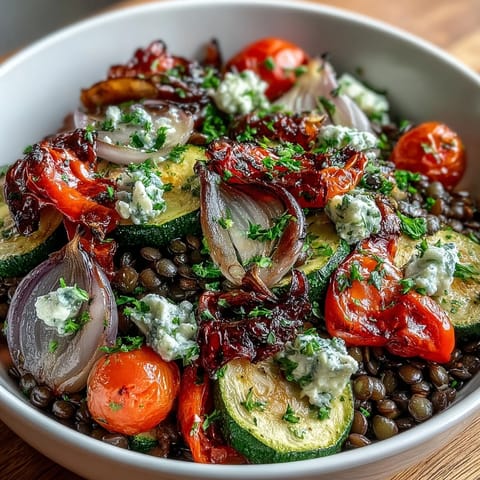 A close-up of Black Lentil Salad with Roasted Vegetables, featuring glossy black lentils, caramelized bell peppers, and zucchini, topped with crumbled feta and fresh parsley.