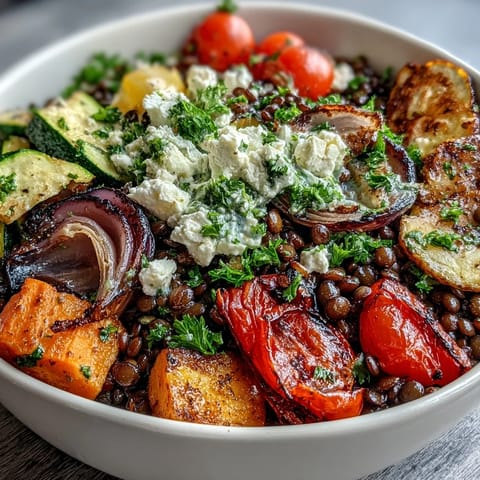 Hearty Black Lentil Salad with Roasted Vegetables served in a rustic ceramic bowl, drizzled with lemon dressing, paired with grilled chicken for a Mediterranean-inspired lunch.