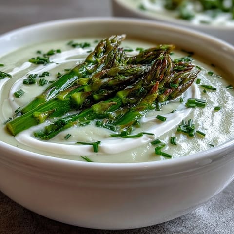 A bowl of creamy Asparagus Soup, made with fresh leeks and potato, topped with blanched tips.