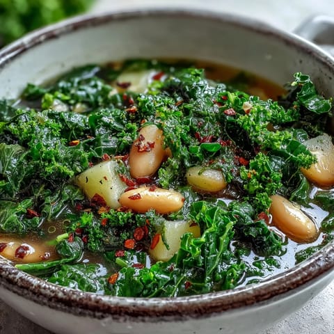 A bowl of hearty Kale Soup with tender kale leaves, diced carrots, and creamy cannellini beans in a savory broth.