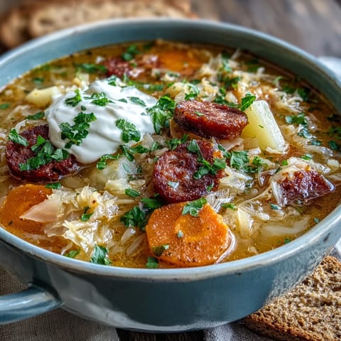 Hearty Sauerkraut Soup with smoked sausage, potatoes, and carrots simmering in a rustic pot, ready to serve.