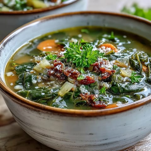 Ladle of homemade Swiss Chard Soup topped with fresh parsley and lemon for a bright, healthy finish.