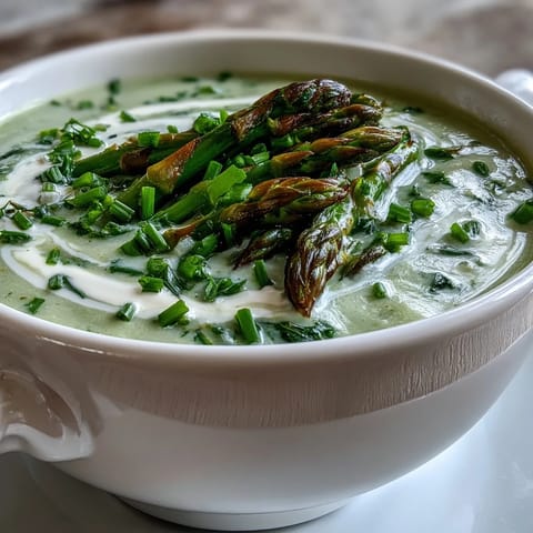 Vibrant green Asparagus Soup, served in a white bowl, garnished with tender tips and fresh chives.