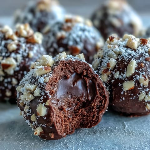 Glazed chocolate truffles coated in cocoa powder are displayed on a white plate, perfect for dessert parties.