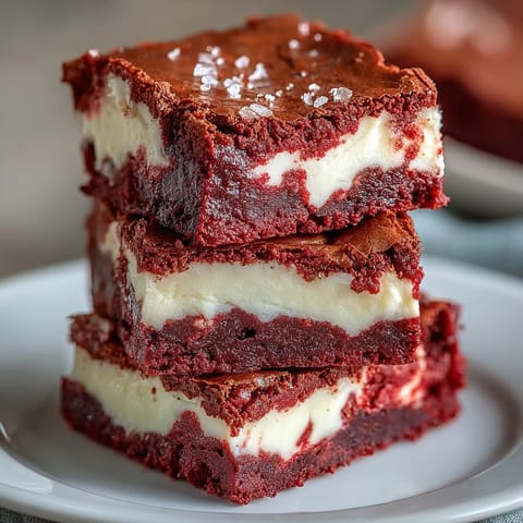 Freshly baked Red Velvet Cheesecake Brownies with a vibrant red swirl and creamy filling, cut into squares on a marble surface.