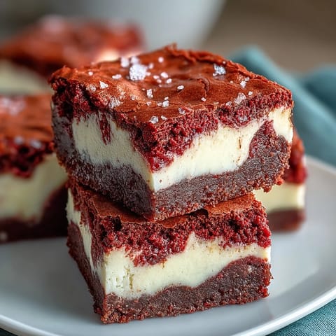 Decadent Red Velvet Cheesecake Brownies showcasing a fudgy red velvet base and rich cheesecake swirls, ready to serve.