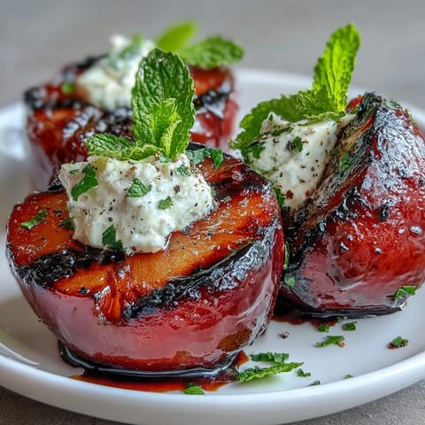 Caramelized Balsamic-Goat Cheese Grilled Plums on a serving platter, drizzled with glossy glaze and fresh mint garnish.