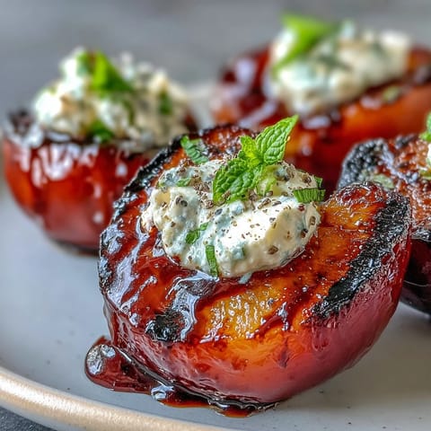 Grilled plums topped with creamy dollops of goat cheese and a drizzle of tangy balsamic glaze.