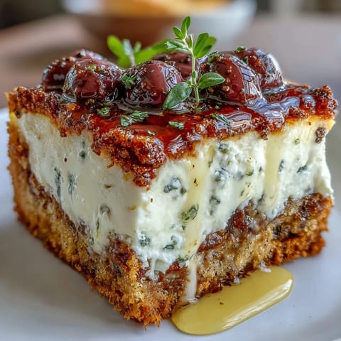 Savory Kalamata Cheesecake Appetizer garnished with parsley and olives on a rustic board, ready to slice.