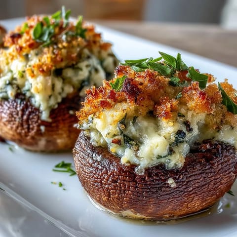 Freshly baked Stuffed Asiago-Basil Mushrooms, garnished with chopped parsley and olive oil drizzle.