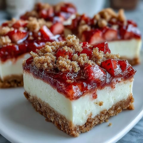 Slice of Strawberry Cheesecake Bars revealing creamy filling, juicy berries, and a buttery graham cracker crust.