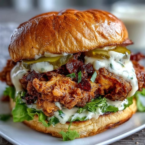 Crispy golden fried chicken breast on a toasted brioche bun, topped with lettuce, pickles, and a creamy homemade sauce.