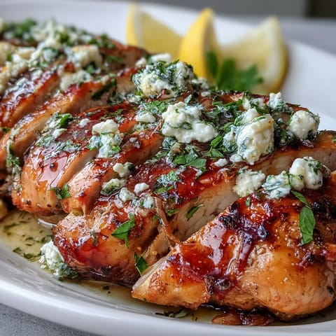Golden-brown Greek Chicken with Lemon and Feta on a plate, garnished with fresh parsley and lemon wedges.