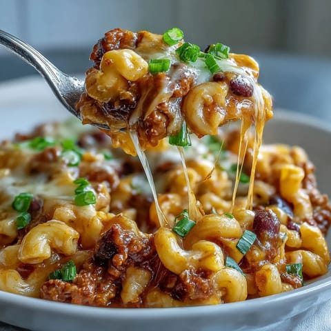 Creamy One-Pan High Protein Chili Mac with shredded cheddar and ground beef, served in a rustic bowl.