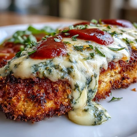 Golden brown Pesto Chicken Parmesan, layered with fresh basil pesto and marinara, topped with melted mozzarella.