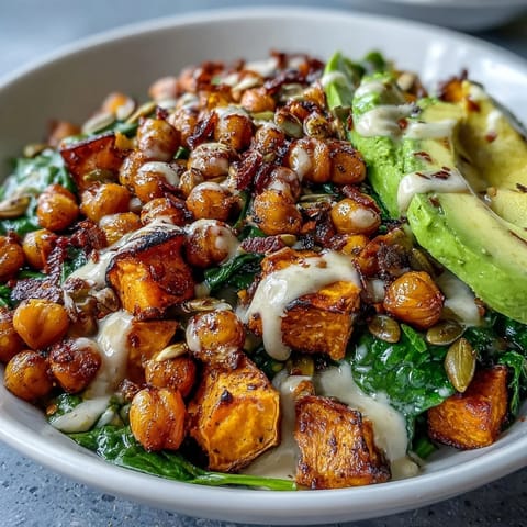 Close-up of a Roasted Sweet Potato and Chickpea Bowl drizzled with smoky chipotle tahini dressing.