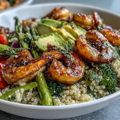 Vibrant Rainbow Vegetable Detox Bowl with sautéed shrimp, fluffy quinoa, and crisp blanched broccoli and asparagus.