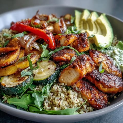 Golden pan-fried chicken slices top a vibrant Paprika Roasted Vegetable Quinoa Bowl with creamy avocado.