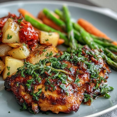 One-pan Healthy Easy Sheet Pan Chicken with Spring Veggies, featuring tender chicken and a rainbow of roasted seasonal vegetables.  