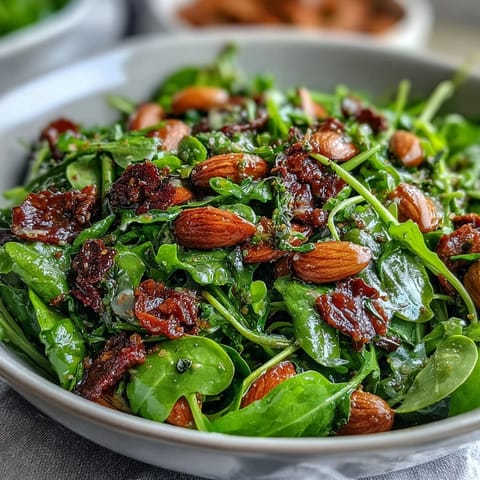 A vibrant spring green salad with honey mustard dressing, crunchy toasted almonds, and fresh herbs for a light and refreshing meal.
