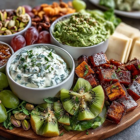 A vibrant St. Patricks Day green food board featuring fresh fruits, vegetables, and cheeses arranged artfully for a festive snack spread.