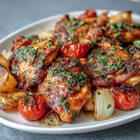 Spring Dinner Sheet Pan Chicken with Zucchini and Cherry Tomatoes - golden roasted chicken breasts nestled among tender zucchini slices and juicy cherry tomatoes, drizzled with lemon-herb marinade for a vibrant, healthy meal.