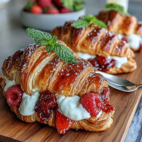 Elegant Mother's Day brunch board with buttery croissants, colorful fruit, and champagne mimosas for a festive morning.