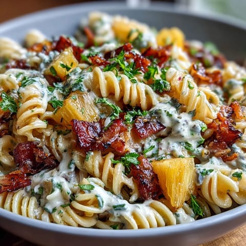 A colorful Hawaiian pasta salad with ham, pineapple, and ranch, perfect for summer picnics.  