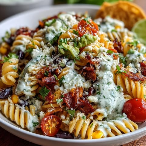 Colorful Easy Taco Pasta Salad with cherry tomatoes, black beans, corn, and creamy taco dressing, perfect for summer potlucks and gatherings.  