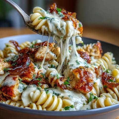 Creamy French Onion Chicken Pasta with caramelized onions and melted Gruyère in a savory one-pot meal.