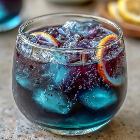 Vibrant butterfly pea flower lemonade with a mesmerizing color change from blue to purple, served over ice with lemon slices.