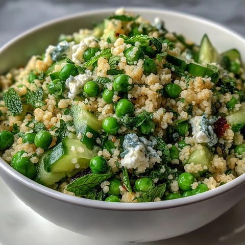 A vibrant spring pea and mint couscous salad with fresh herbs and crisp vegetables.