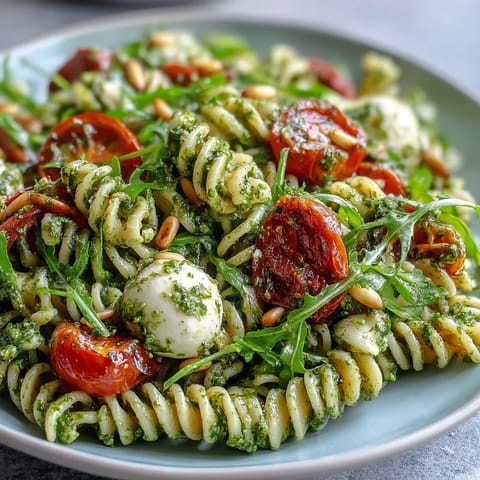 A colorful summer pasta salad with pesto, cherry tomatoes, and mozzarella—perfect for picnics or light lunches.