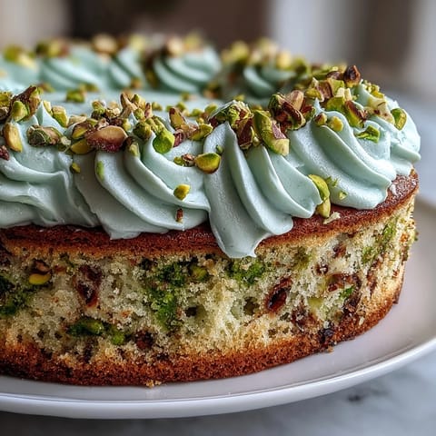 Vibrant Spring Birthday Lemon Pistachio Cake adorned with chopped nuts and zest.