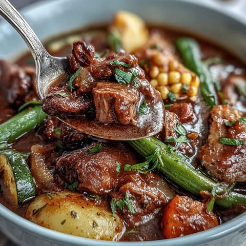 Hearty Kentucky Derby Burgoo Stew with tender meats and vegetables simmering.