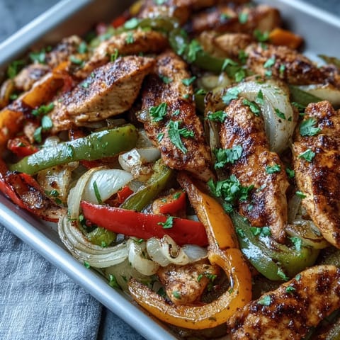 Sheet pan chicken fajitas, bursting with flavor alongside tender, spiced vegetables.